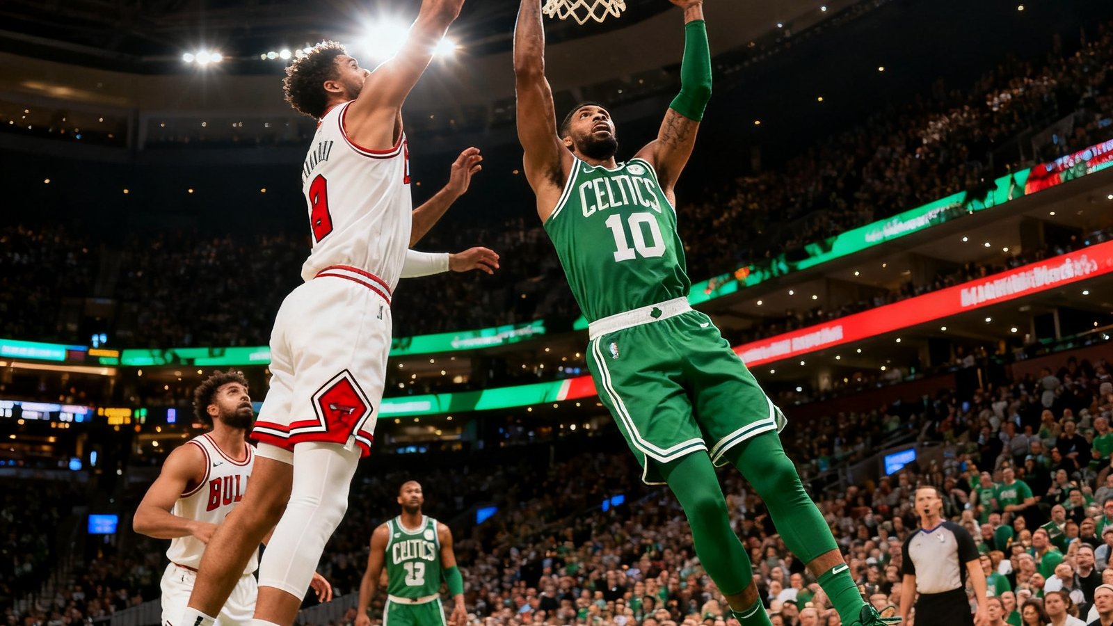 NBA季后赛东部决赛战报配图，凯尔特人球员在篮下强力扣篮的精彩瞬间，对手防守球员跃起封盖，球馆内灯光璀璨气氛热烈。